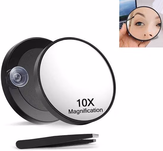 Specchio da trucco portatile con ingrandimento 10x - Doppio sistema di cerniere, pinzette, 2 lenti, alta risoluzione, angolo regolabile - 8,8 x 8,8 cm - Nero
