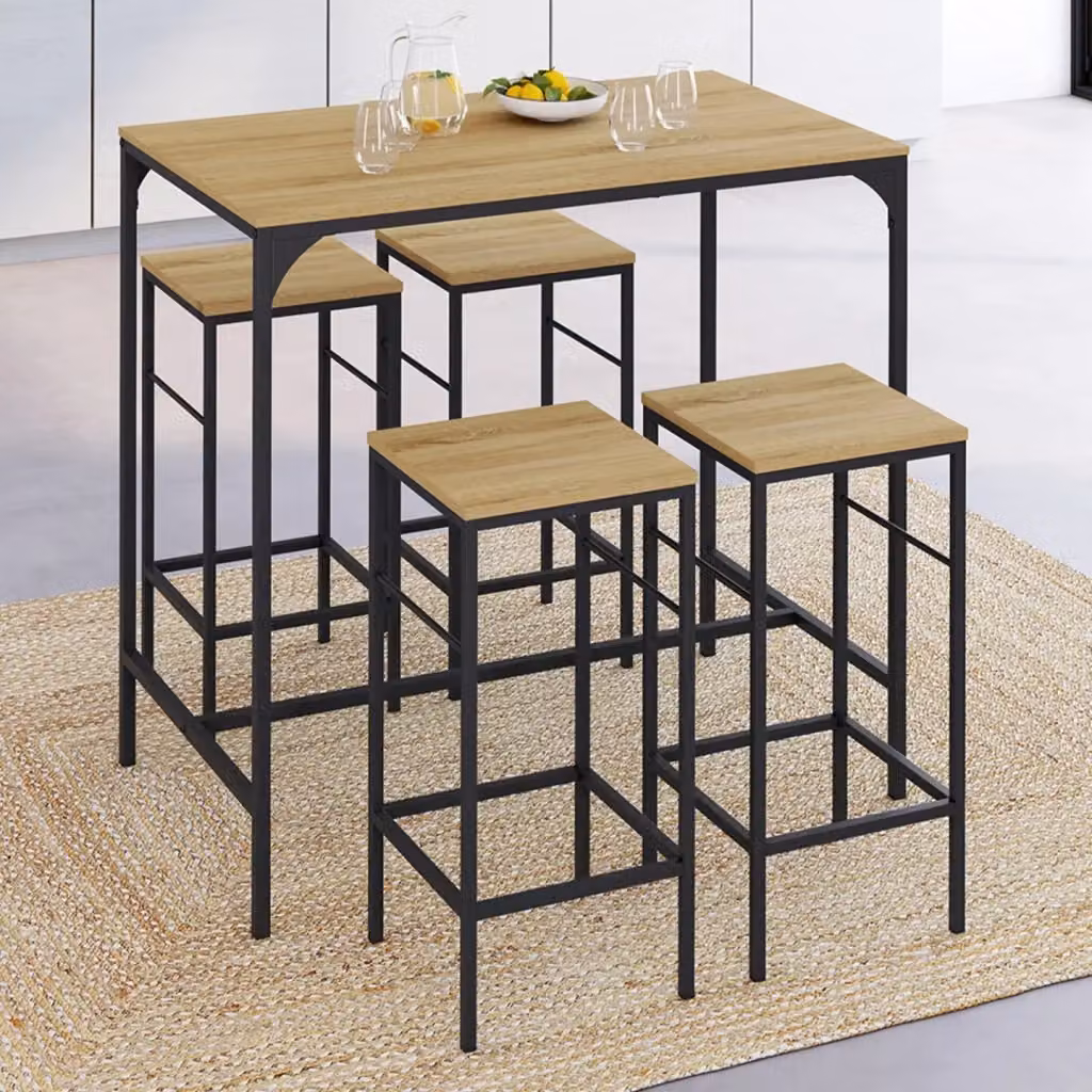 IDMarket DETROIT Set da bar con tavolo rettangolare e 4 sgabelli in stile industriale in metallo e legno nero e marrone – 2