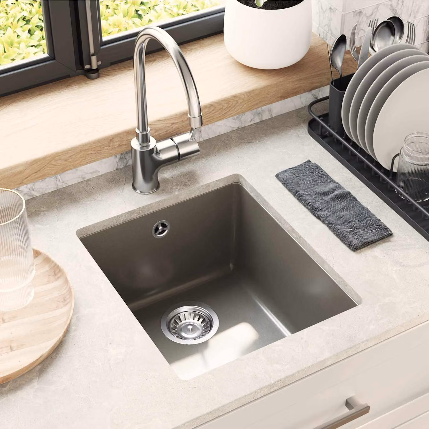 Lavello vidaXL in quarzo e resina Grigio L: 37 cm, P: 46 cm, H: 37 cm – 1
