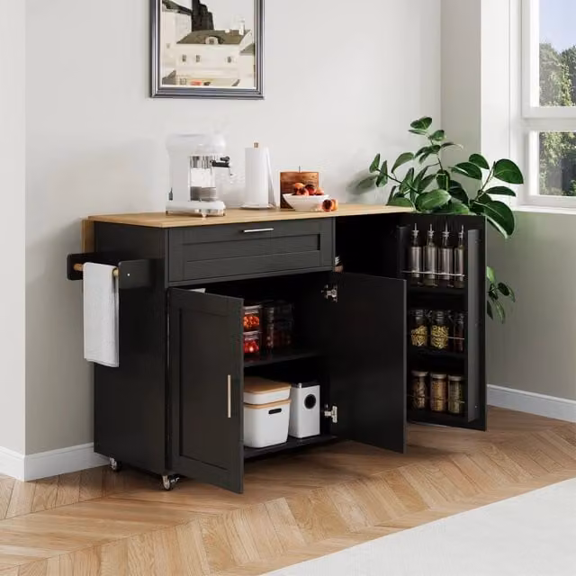 Carrello cucina ULEVR 132,5x44(70)x90 cm con piano pieghevole, cassetto, armadietti e 5 ruote, nero e naturale