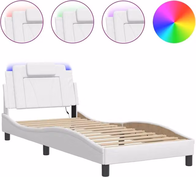 Letto singolo Viana con illuminazione LED e porta USB, rivestimento in ecopelle bianco, L 200 x P 80 cm – 1