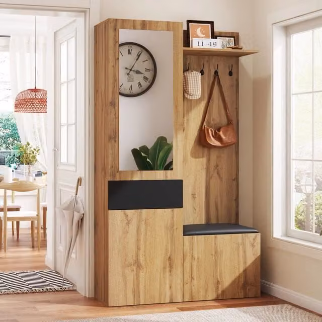 Set di mobili da ingresso con 5 ganci; specchio; 2 scarpiere e ripiani regolabili in MDF nero e naturale