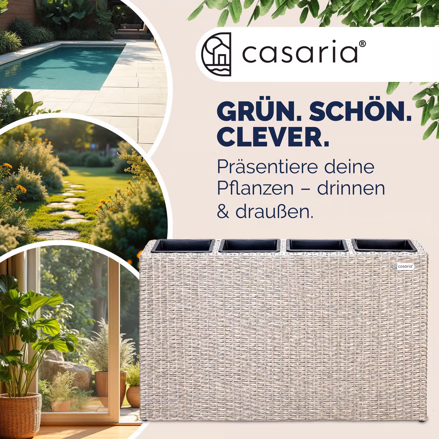 Fioriera a 4 vasi Casaria in polyrattan color beige L: 95 cm, P: 27 cm, H: 60 cm – 3