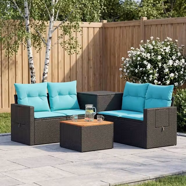 Set da giardino moderno vidaXL composto da 6 pezzi con divani, tavolino e cuscini in rattan e acciaio nero e blu