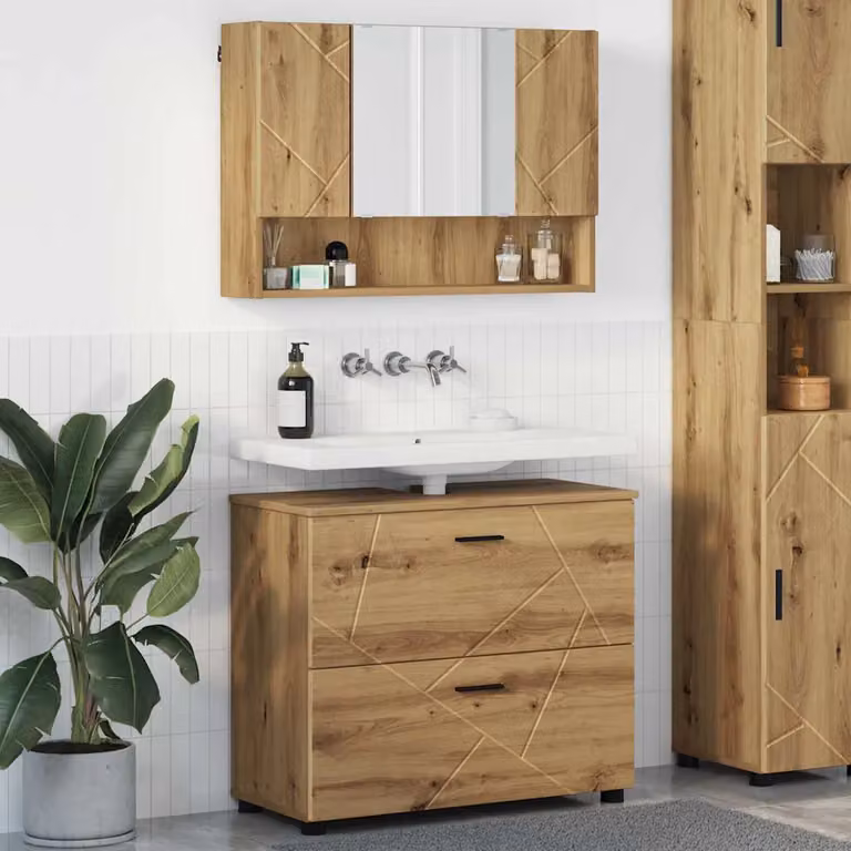 Set di mobili per il bagno vidaXL composto da mobile lavabo e armadietto con specchio in rovere e metallo, colore marrone, moderno, a parete