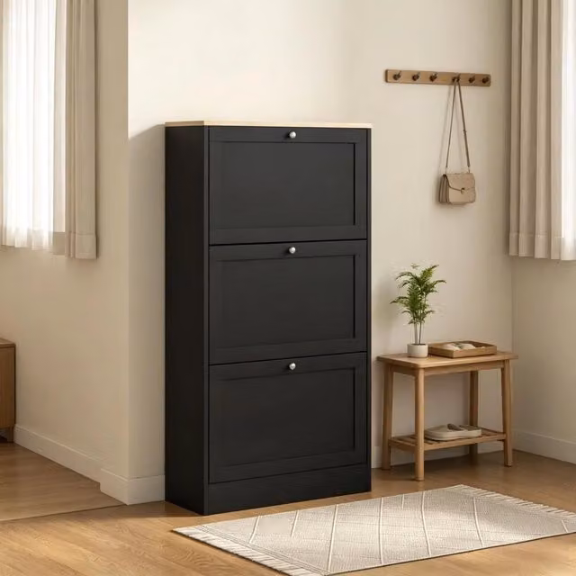 Scarpiera Scandinava con 3 Ante a Ribalta, Capacità 18 Paia, Finitura Nero Effetto Legno (Solo Scarpiera)