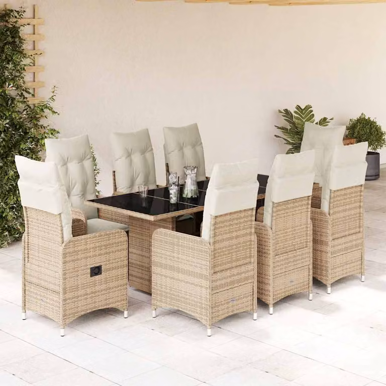 Set da Bistrò da Giardino e Balcone vidaXL 9 pz in Polyrattan con Cuscini Beige e Piano in Vetro