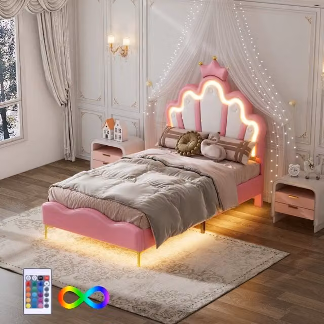 Letto per bambini 90 × 200 cm 1 posto con LED regolabile e testiera imbottita a corona, senza materasso, in PU rosa