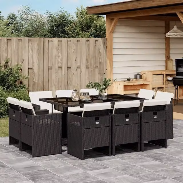 Set da Pranzo da Giardino 11 pz con Cuscini in Polyrattan Nero 3277793