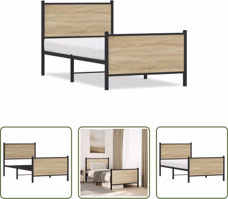 The Living Store Struttura letto con testiera e pediera in metallo rovere Sonoma 75x190 cm