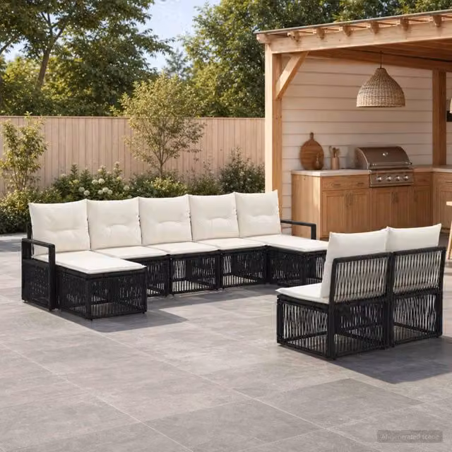 Set Divano da Giardino vidaXL a Forma a U in Polyrattan Nero con Cuscini e Ottoman, 9 Pezzi – 1