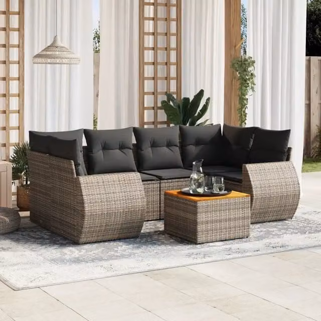 Set da giardino moderno vidaXL composto da 7 pezzi in polyrattan grigio con cuscini e tavolino da esterno a forma di L – 1