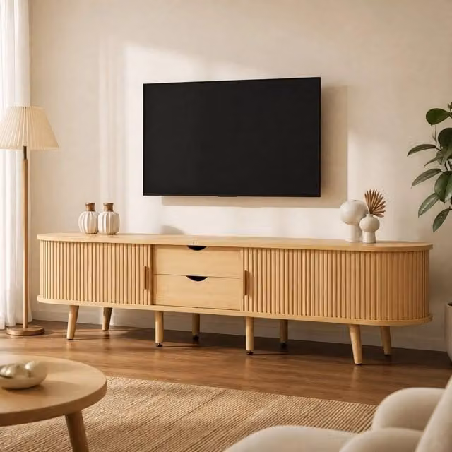 Desviae Mobile porta TV ovale in MDF con due cassetti e due ante scorrevoli con divisori regolabili per soggiorno con gambe in legno