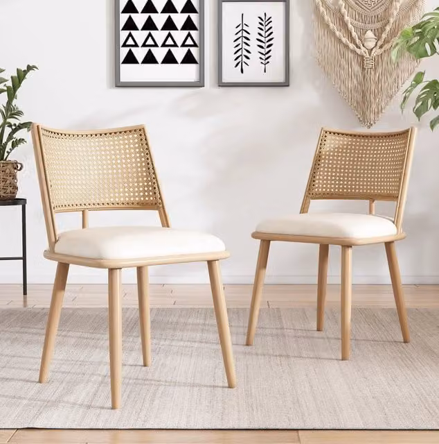 Set di 2 sedie da pranzo con schienale in rattan e seduta in PU; beige