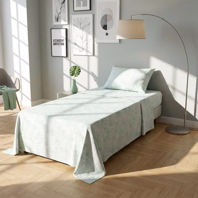 Completo letto singolo KASANOVA con lenzuolo con angoli, lenzuolo piano e federa, motivo foglie verde, cotone e poliestere, 90x200 cm