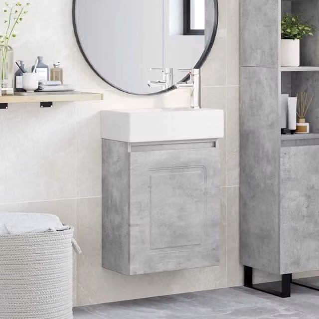 Mobile bagno moderno vidaXL con rubinetto in ceramica, sospeso, Grigio e Bianco, L/P/H: 45,5 x 22,5 x 84 cm – 1