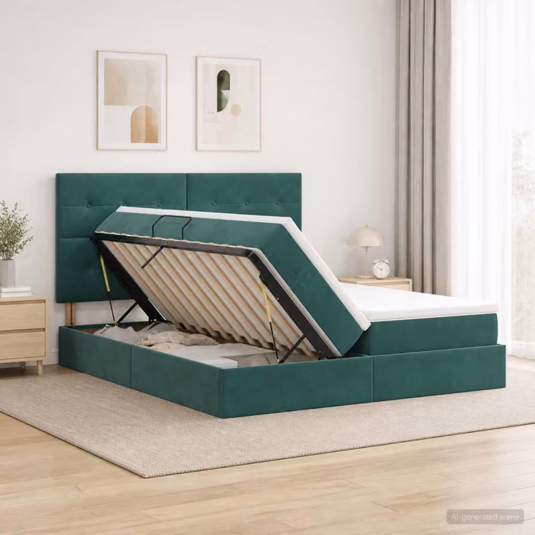 Letto con contenitore vidaXL in velluto verde con base a sollevamento, L/P/H: 200 x 200 x 140 cm