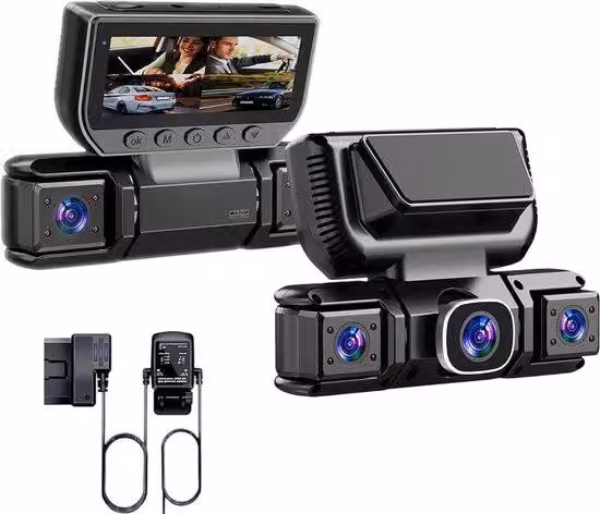 Dashcam per auto con trasmissione a 4 canali, alimentazione diretta tramite OBDII, risoluzione 1080p, monitoraggio continuo 24 ore su 24 anche in modalità parcheggio, telecamera a 360°, con Wi-Fi, funzione di registrazione continua (loop), visione notturn