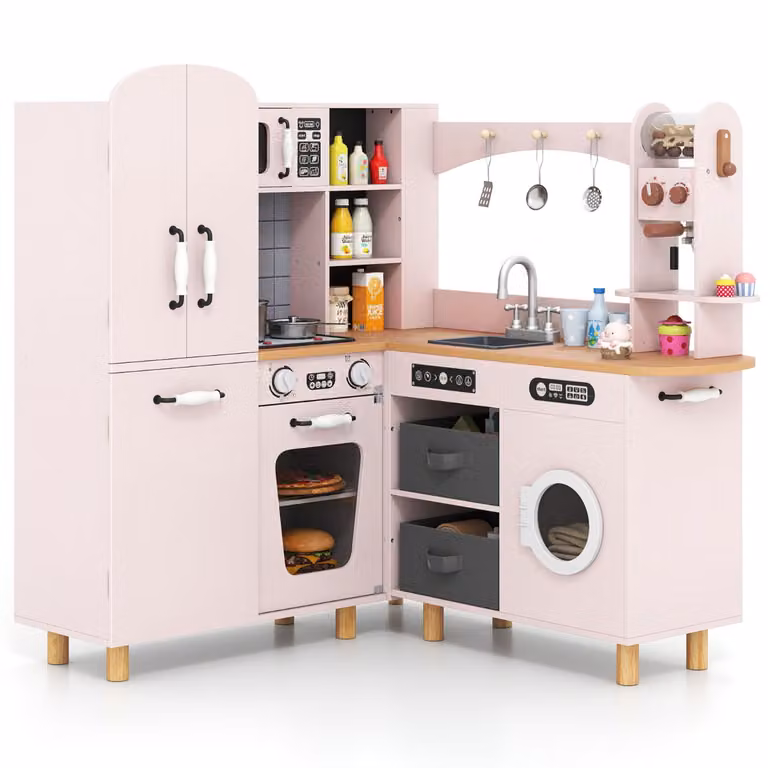 Cucina giocattolo ad angolo in legno Costway rosa con frigorifero a doppia porta e accessori