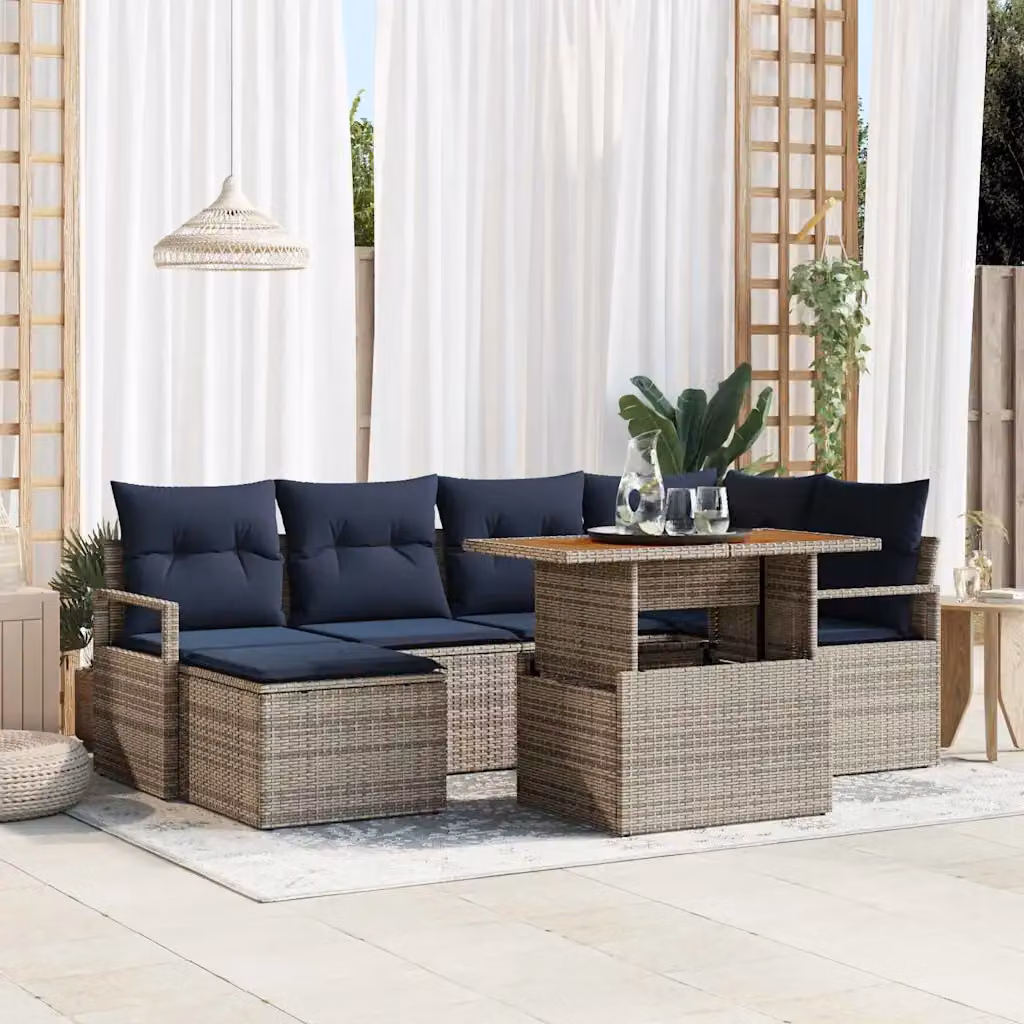 Set Divano da Giardino vidaXL 7 pz Grigio con Poltrona, Divani, Tavolino e Ottoman in Polyrattan e Acciaio con Cuscini Inclusi