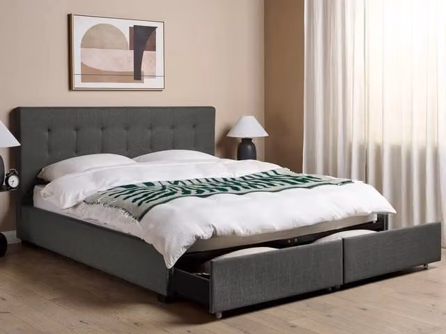 Letto contenitore matrimoniale Beliani imbottito in tessuto grigio con cassetti L/P/H: 180 x 200 x 28 cm – 1