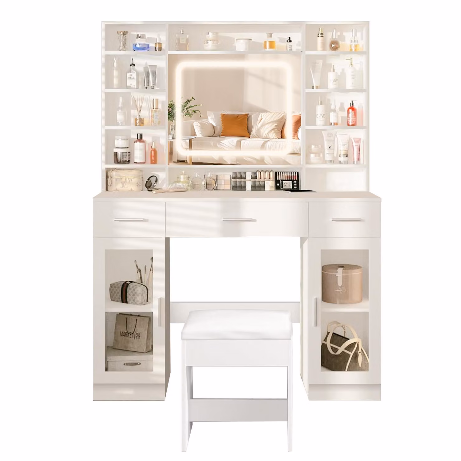 AIORBER Tavolino da toilette con specchio a led, 3 colori di luce, ripiano antipolvere, 5 cassetti e sgabello, Set da toilette moderno con sgabello