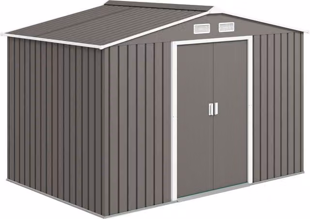 Casetta da giardino Outsunny in acciaio con 2 porte scorrevoli e 4 prese d'aria, capanno per attrezzi grigio, L/P/H: 277 x 195 x 192 cm