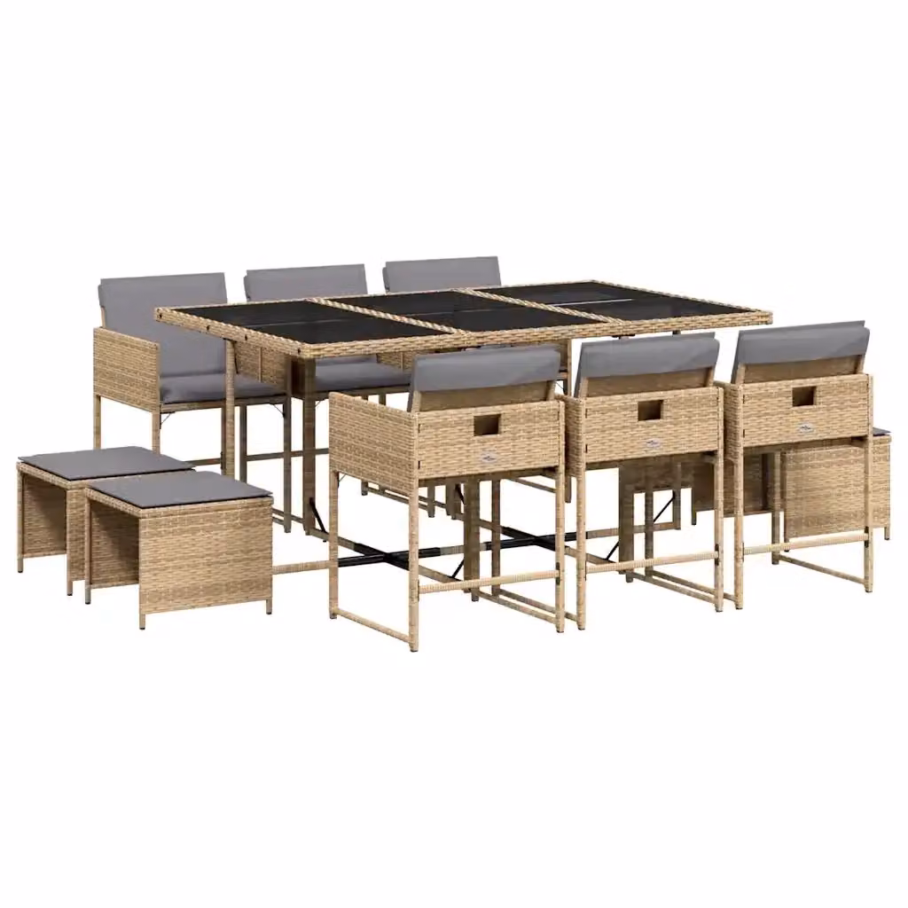 Set Pranzo da Giardino vidaXL 11 pz in Polyrattan con Cuscini Beige e Piano in Vetro – 2