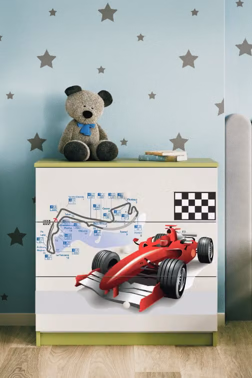Cassettiera per bambini Formula 1 nel colore verde Babydreams