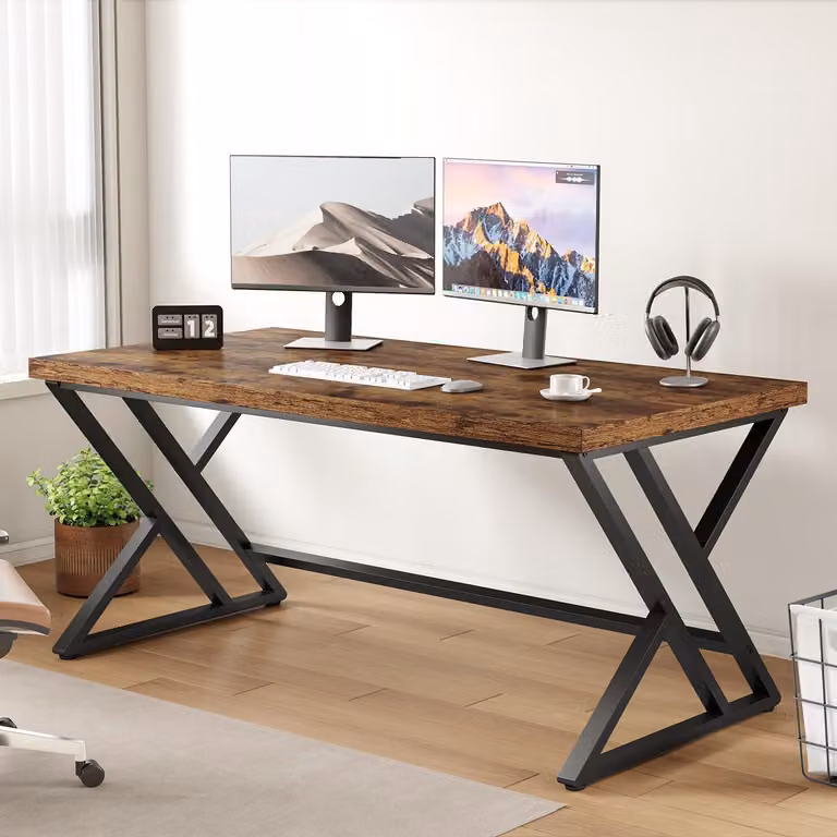 Scrivania per computer con spazio contenitore, struttura in metallo e legno, dimensioni 140x60x75,5 cm, colore marrone rustico