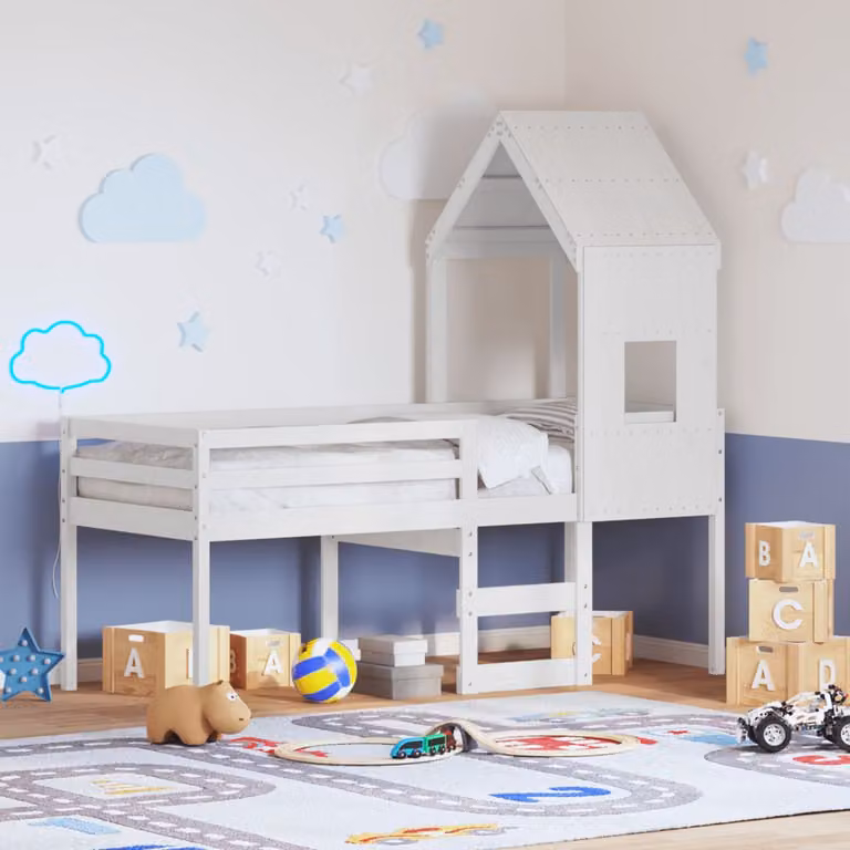 vidaXL Letto a Soppalco per Bambini in Legno di Pino con Tetto Bianco L/P/H: 200 x 80 x 175 cm