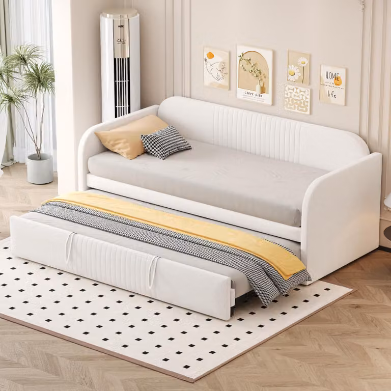 Divano letto STILVORA 90/180x190 cm con rete a doghe, divano letto estraibile con design a strisce verticali, letto per bambini, letto estraibile in tessuto di lino (senza materasso) beige