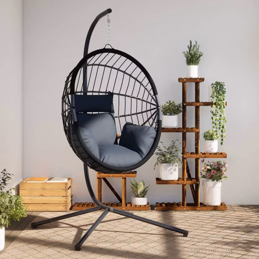 Sedia a uovo sospesa vidaXL con supporto in acciaio antracite e polyrattan nero con cuscini inclusi