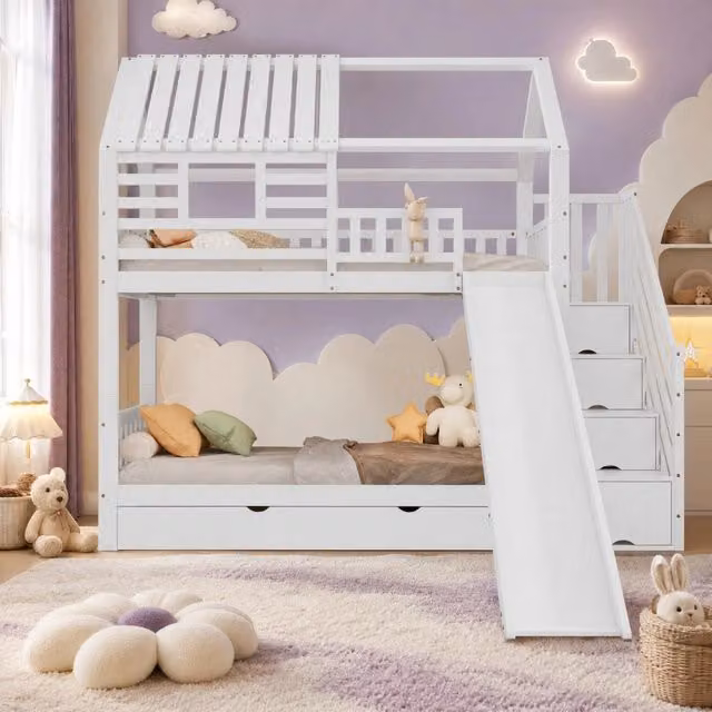 Letto a castello ULEVR 90x200 cm con scala contenitore, scivolo, cassetto e struttura a casetta bianca