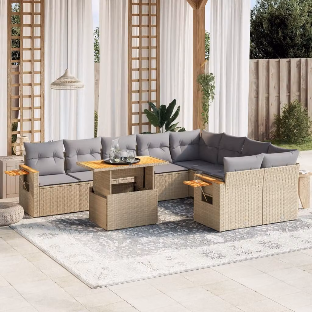 vidaXL Set Divano da Giardino 10 pz in Polyrattan con Cuscini Beige e Tavolino da Esterno – 1