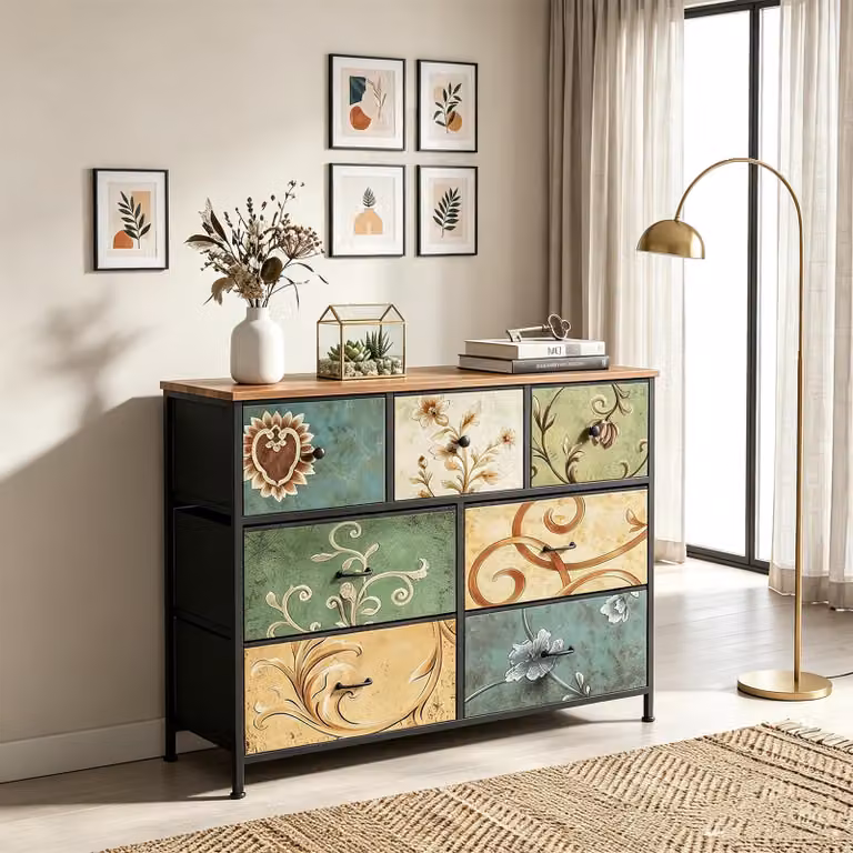 Comodino INONEFT con 7 cassetti, dimensioni 100x30x78 cm. Mobiletto contenitore per camera da letto, tavolino da trucco con piano in legno e cassetti rivestiti in tessuto, struttura in metallo