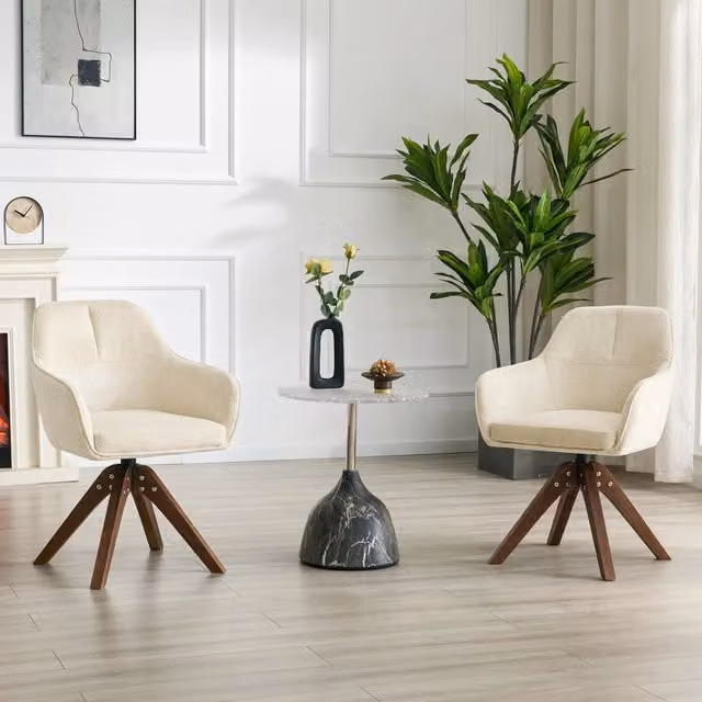 Sedia da sala da pranzo girevole 360° set da 2 con braccioli e schienale ergonomico in tessuto bianco e legno noce