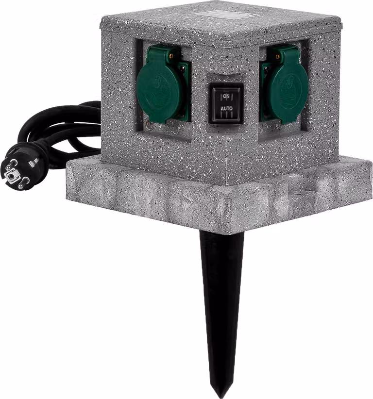 Presa da giardino Grafner in look pietra con sensore crepuscolare ON/AUTO, 4 prese, 3680W / 16A, cavo di alimentazione di 3 metri con spina, angolare, profilo energetico presa multipla da esterno in look pietra cubo