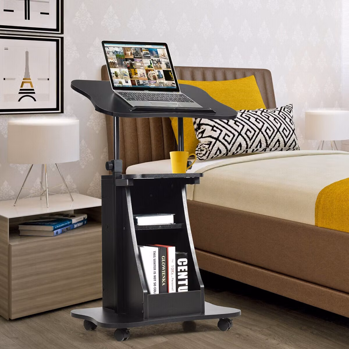 Carrello porta computer Costway regolabile in altezza con superficie girevole e ruote, Nero