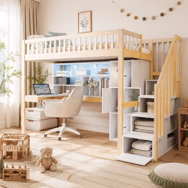 Letto a soppalco Mivray con scrivania, ripiani, scala contenitore e illuminazione LED in legno di pino e MDF, Bianco Naturale, L/P/H: 200 x 90 x 165 cm