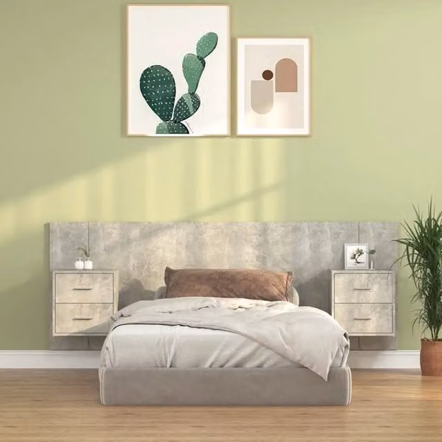 Testiera Letto con Comodini in Legno Multistrato Grigio Cemento 3115687