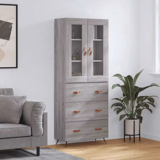 Credenza moderna vidaXL in legno, vetro e metallo, colore grigio, L: 69,5 cm, P: 34 cm, H: 180 cm