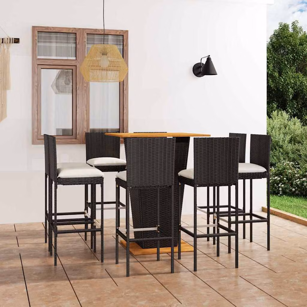 vidaXL Set da Bar da Giardino 9 pz in Polyrattan e Legno di Acacia Nero e Beige – 1