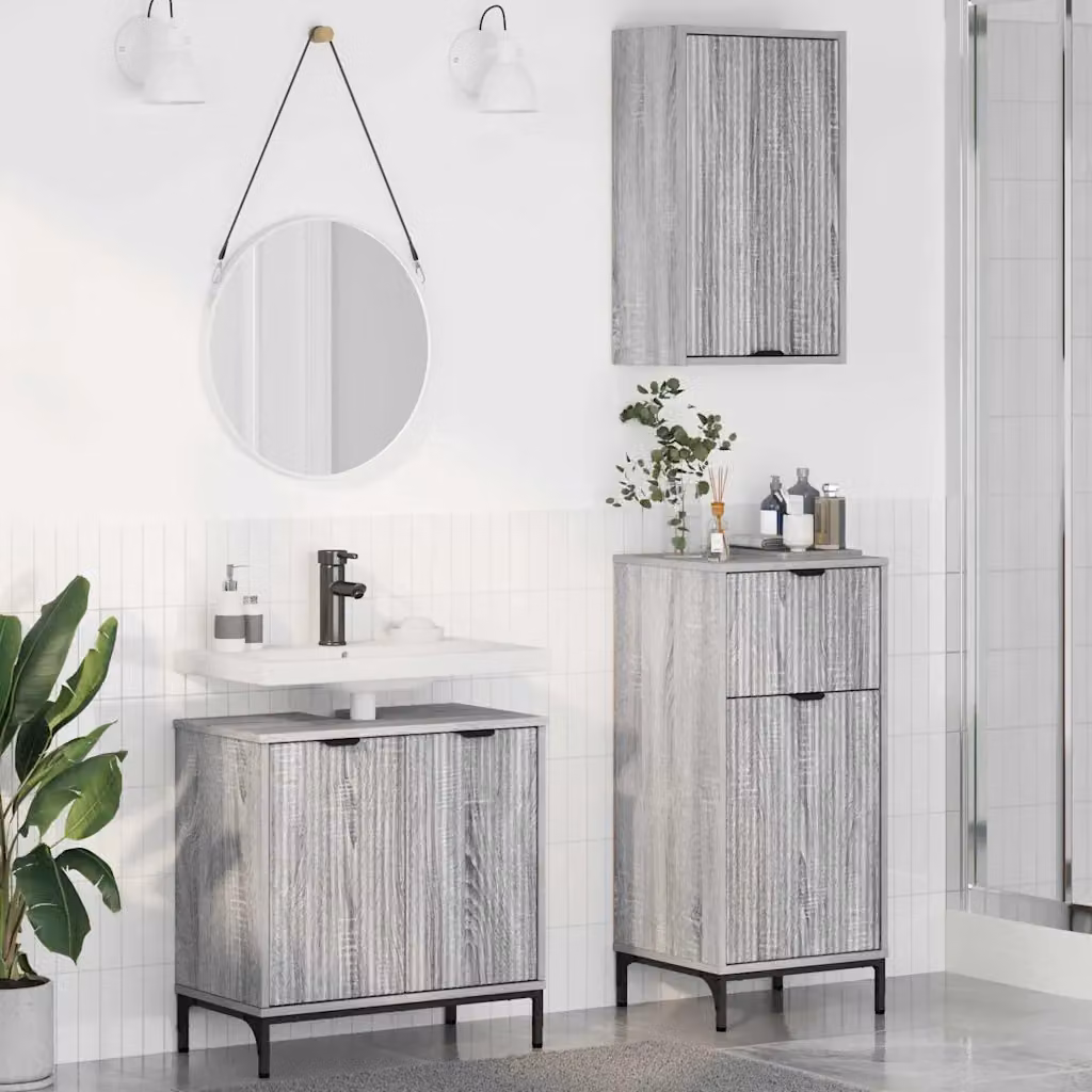 Set di mobili per il bagno moderno vidaXL composto da 3 pezzi in grigio e nero con vanità, mobile laterale e colonna alta