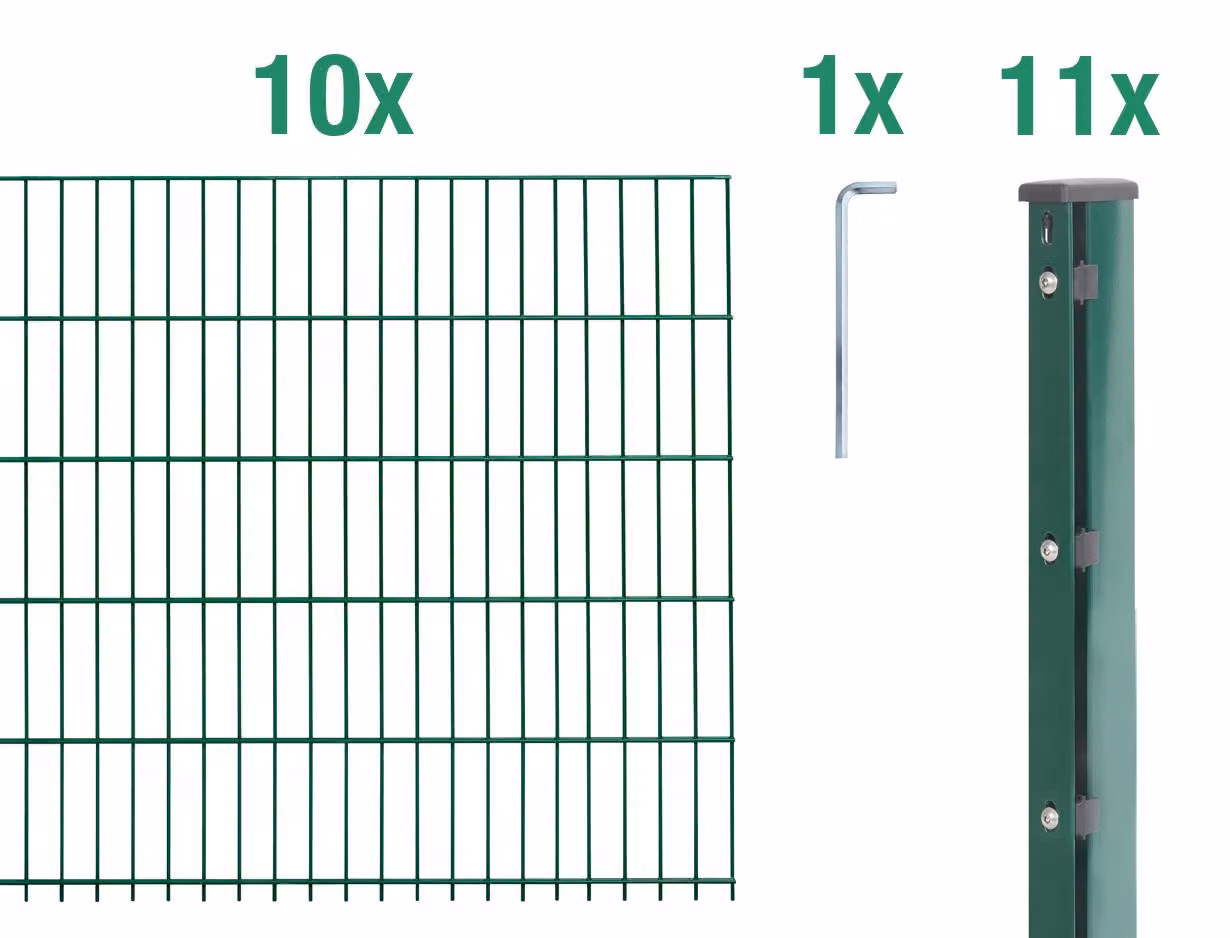 Recinzione a pannelli doppi, modello Alberts 675189, set completo da 22 elementi, rivestita in plastica, colore verde, altezza 163 cm, lunghezza 25 metri