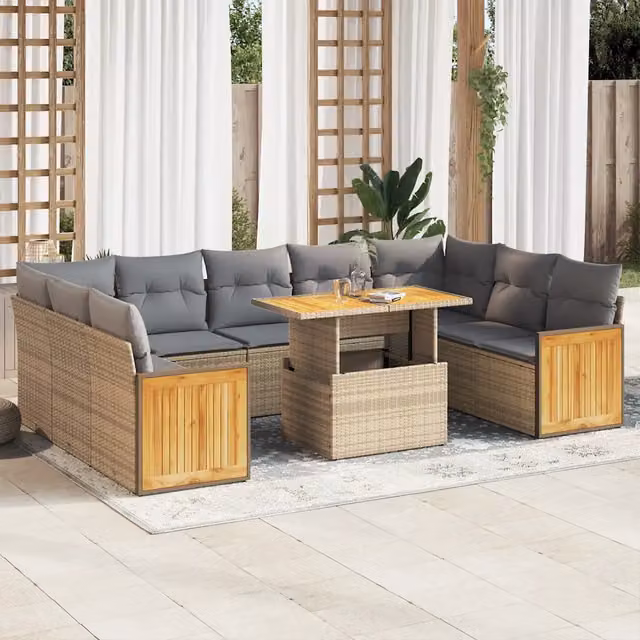Set da giardino vidaXL a forma di U composto da 10 pezzi in polyrattan e legno di acacia con cuscini beige e grigi – 1