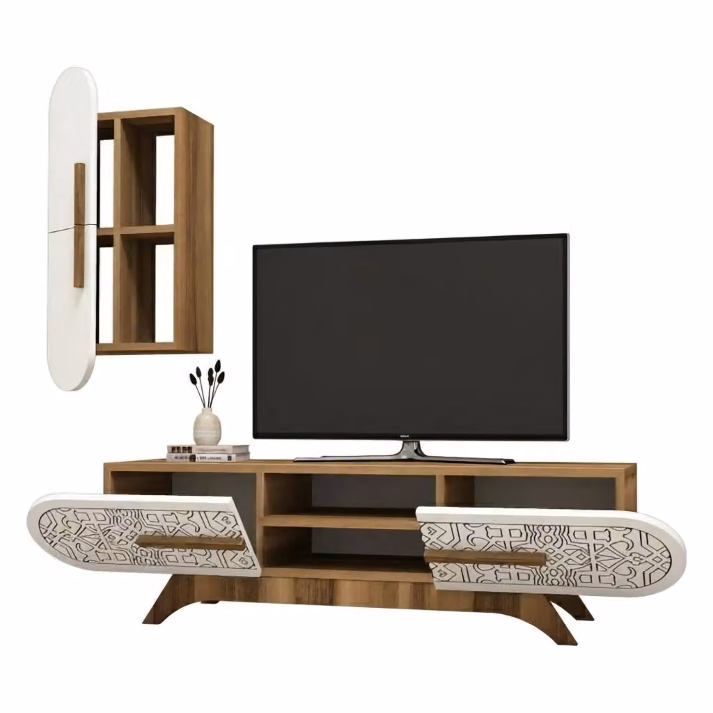Parete attrezzata Gilberta DMORA per soggiorno, composizione moderna con mobile basso, armadio porta TV e mensole, Noce e Bianco, L: 145 cm, P: 35 cm, H: 37 cm – 2