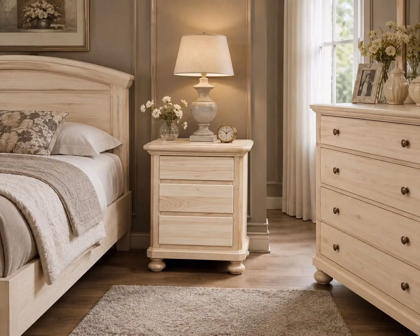 Comodino classico con 3 cassetti in legno grezzo Mobili 2G L: 50 cm, P: 38 cm, H: 66 cm – 2