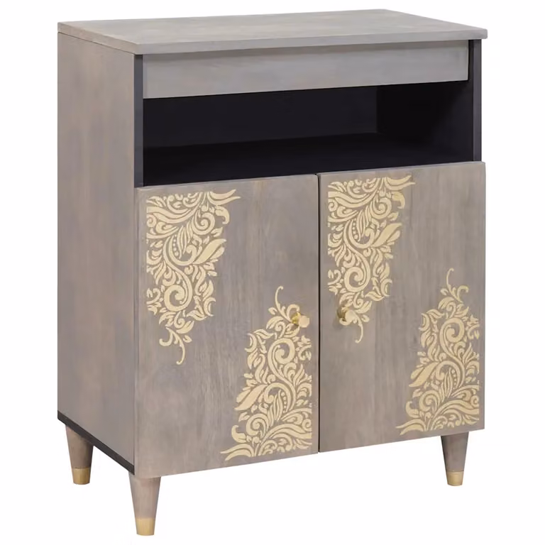 Credenza moderna vidaXL in legno di mango massello, Grigio e Oro, L: 60 cm, P: 33 cm, H: 75 cm