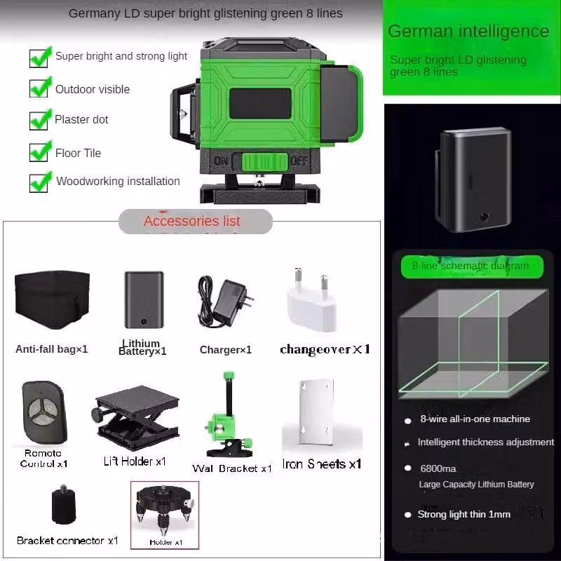 Livella laser - Autolivellante - 8 linee verdi - 360° orizzontale e verticale - Batteria inclusa - Utensile per l'edilizia